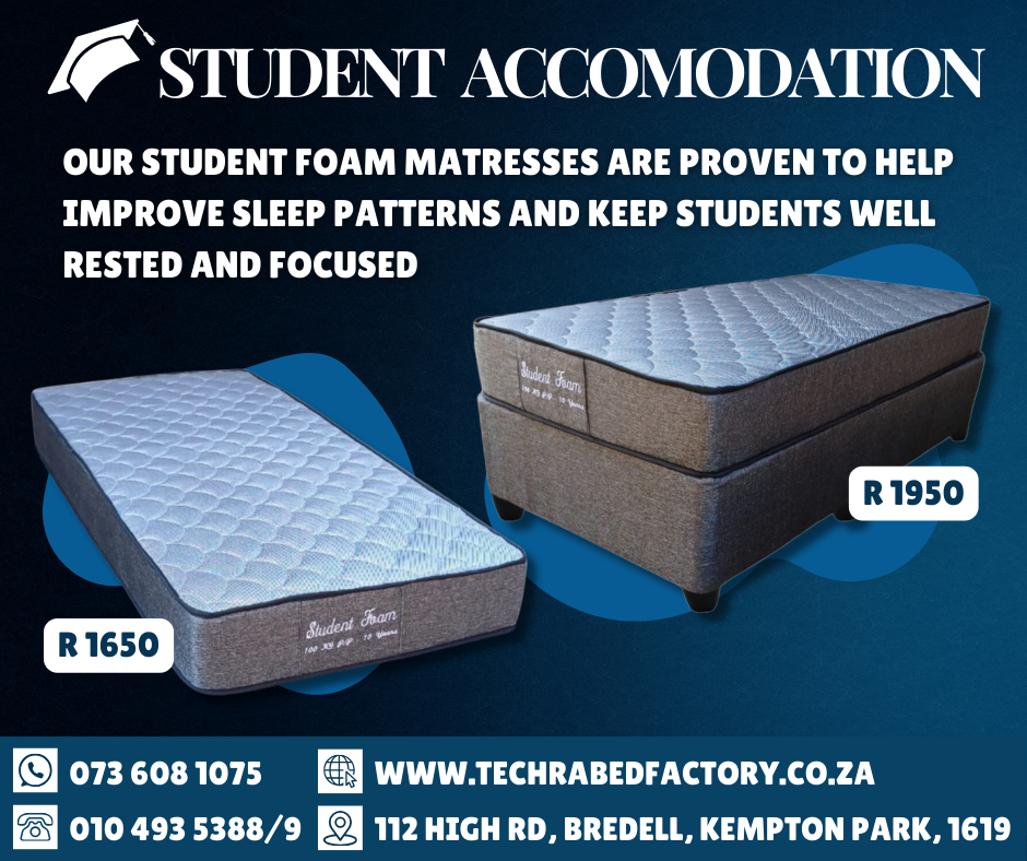 Student Foam Bed Set - Premium Mattress with Base from Techra Bed Factory - Student Accommodation - Just R 1950! Shop now at Techra Bed Factory 